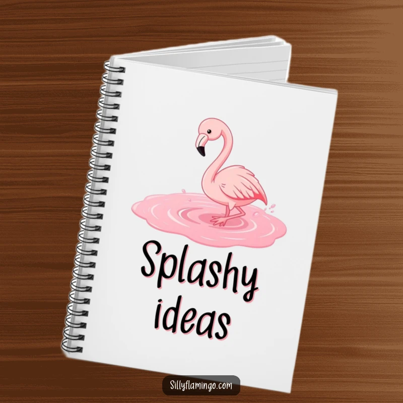 Funny flamingo notebook with a playful bird splashing in a pink puddle, perfect for notes and doodles.