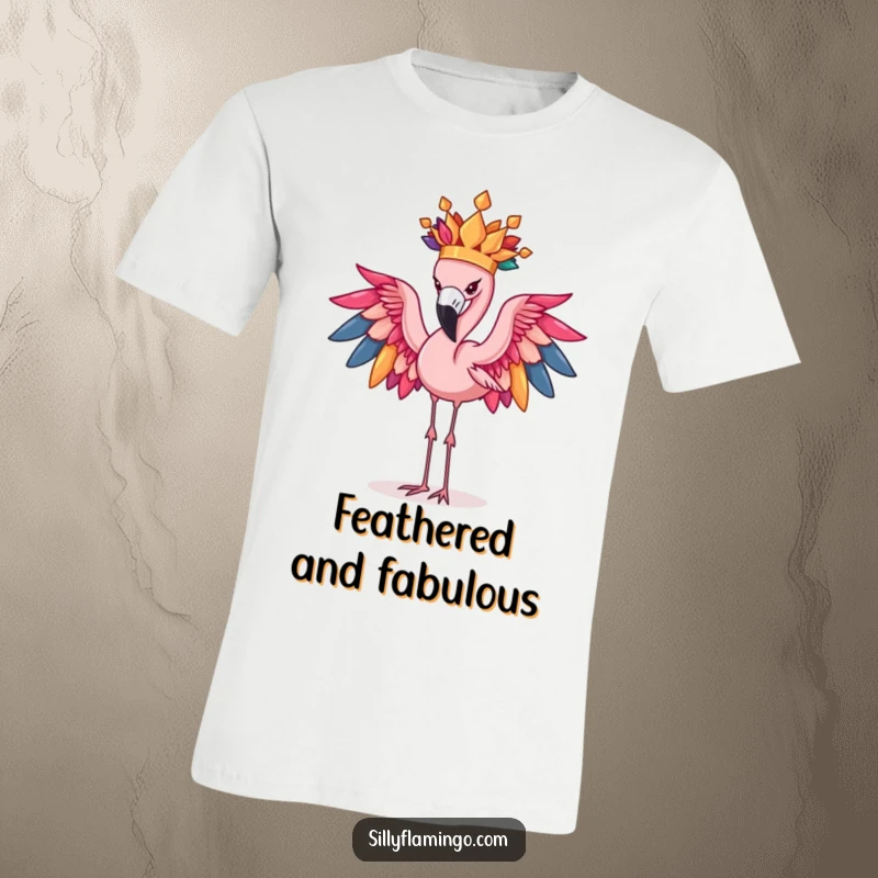 Funny Flamingo T-Shirt: A determined flamingo artistically balances a large, colorful feather crown with a comical, focused expression.