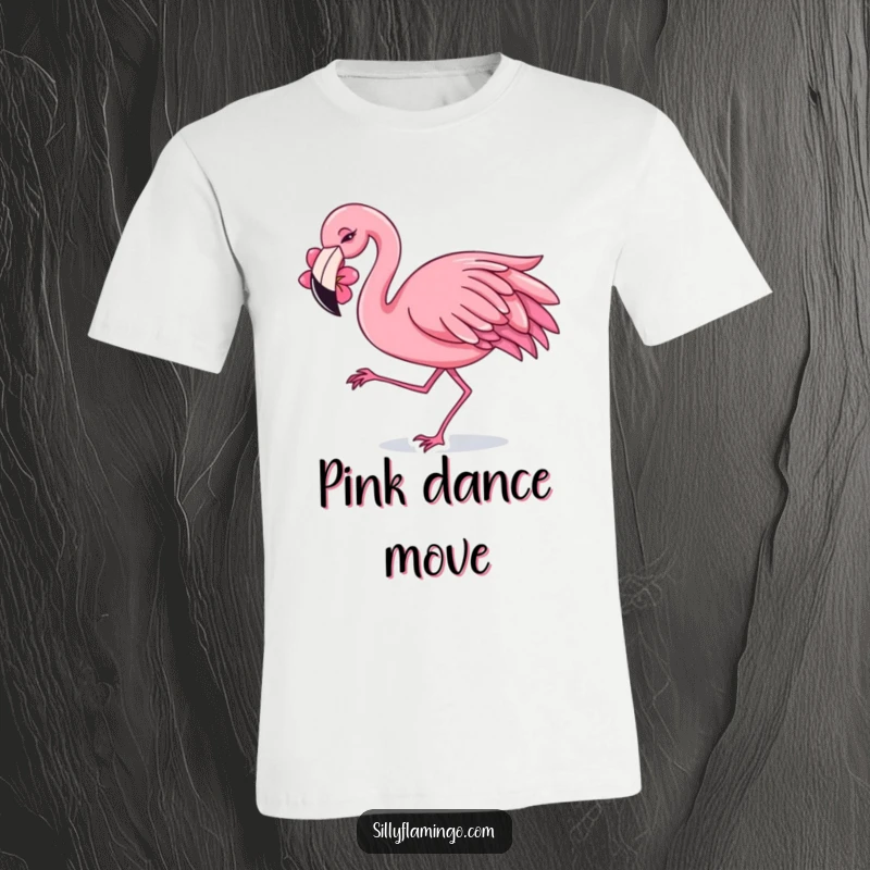 Funny T-Shirt depicting a flamingo with a flower behind its ear, energetically dancing with a playful shimmy.
