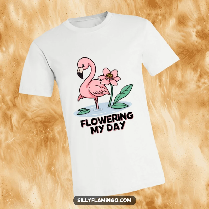 Funny flamingo delicately nudging a floating flower with its beak on a comfortable t-shirt.