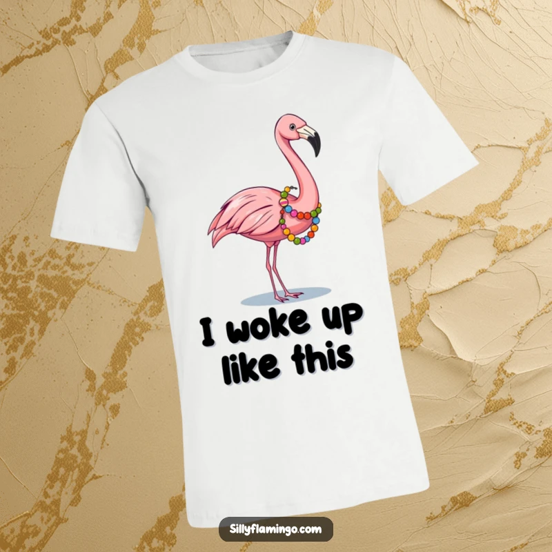 Funny t-shirt showcasing a flamingo elegantly adorned with a vibrant garland of colorful beads, perfect for celebrations.