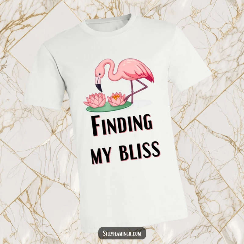 Funny flamingo happily pecking a vibrant water lily, capturing a peaceful nature scene on a t-shirt