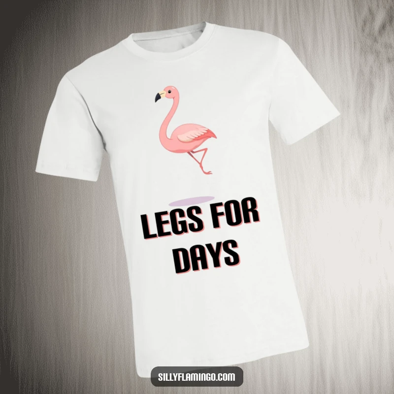 Funny t-shirt illustrating a flamingo with comically long legs performing an exaggerated, graceful leap.