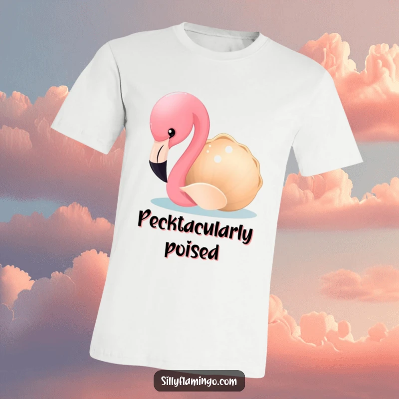 Funny Flamingo T-Shirt: A curious flamingo with a playful expression pecks at a shiny seashell. Ideal for beachgoers and humor enthusiasts.