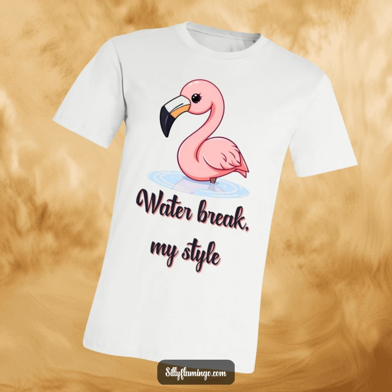 Funny flamingo t-shirt featuring a happy flamingo with a wide beak joyfully dipping its head into water.