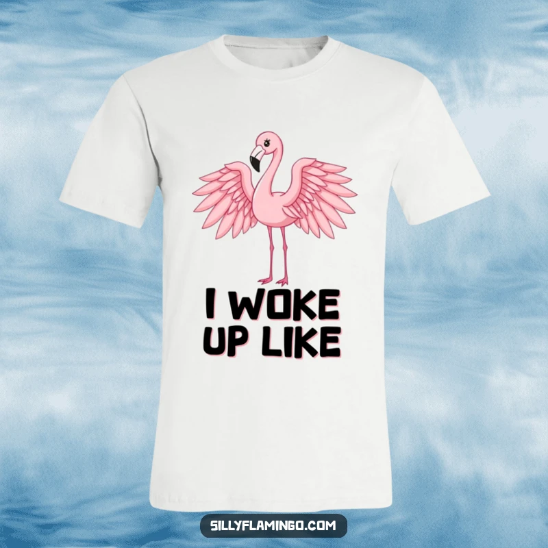 Funny flamingo t-shirt featuring an elegant bird with wings dramatically spread, embodying poise and artistic expression.