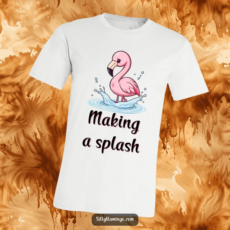Funny T-Shirt depicting a kawaii flamingo playfully splashing water with its beak, sending droplets flying.