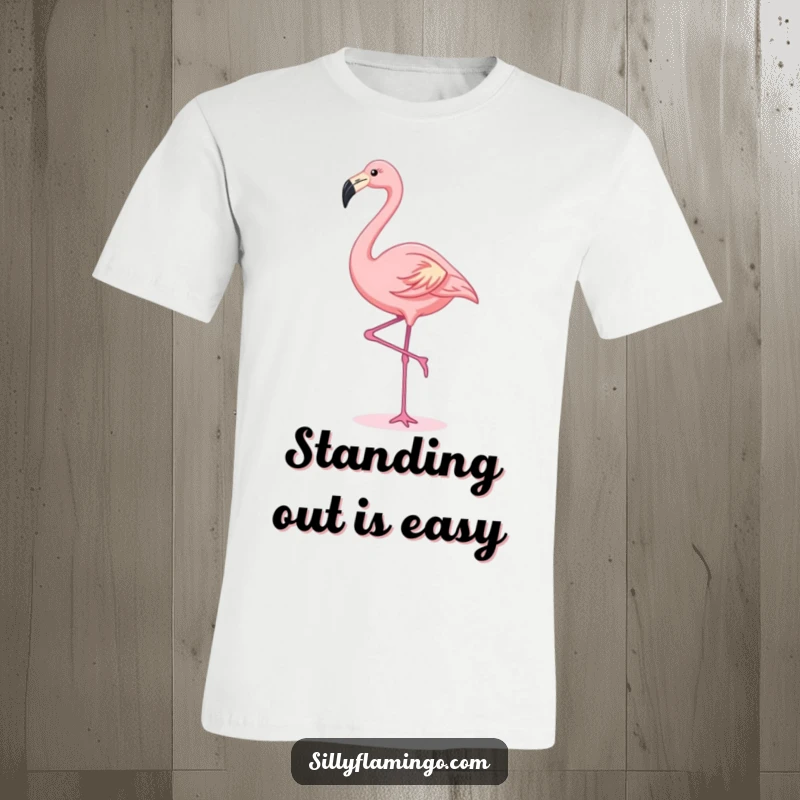 Funny kawaii flamingo gracefully stretching its leg high, embodying elegance and cuteness on a t-shirt