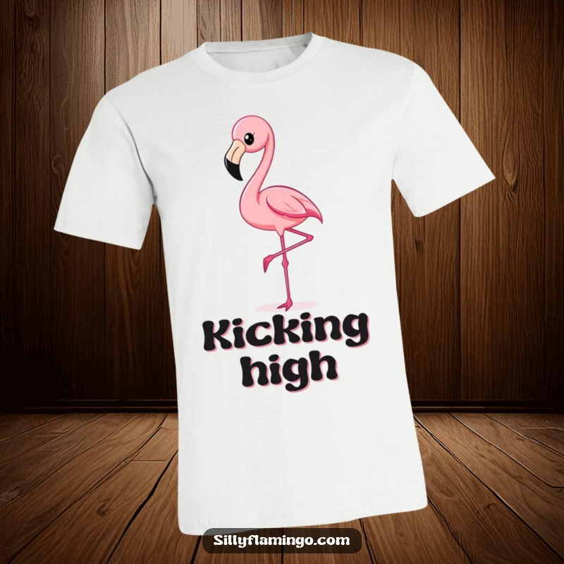 Funny Flamingo Kick T-Shirt featuring a brightly colored flamingo executing a high, energetic leg kick with whimsical flair.