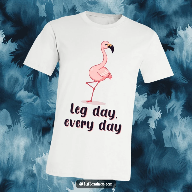 Funny flamingo t-shirt depicting a joyful squawking flamingo energetically kicking its legs in a hilarious dance.