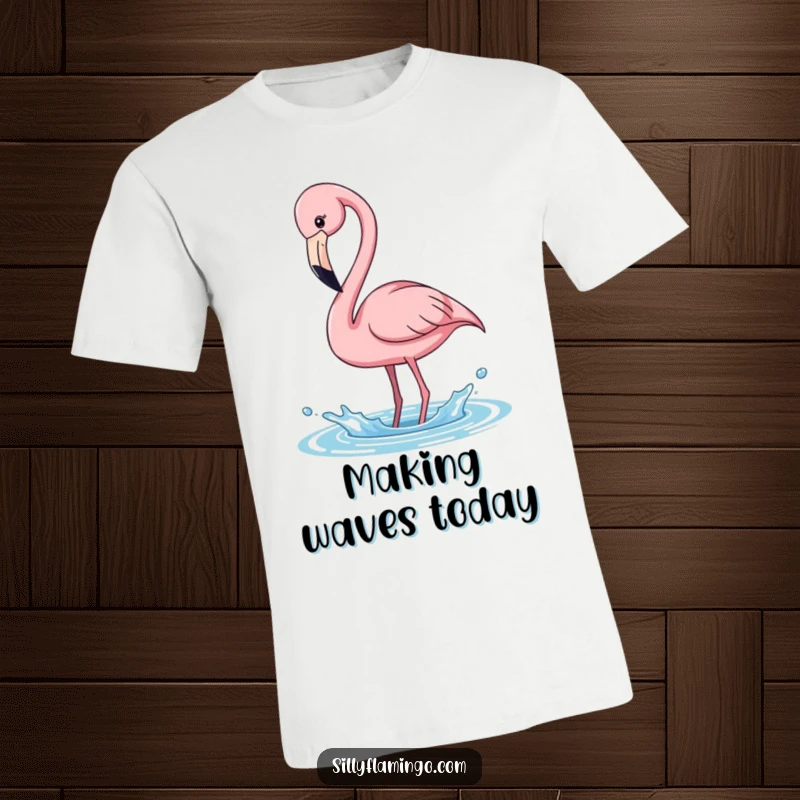 Funny pink flamingo t-shirt, long neck bent, playfully splashing water, conveying carefree joy, a great funny gift.