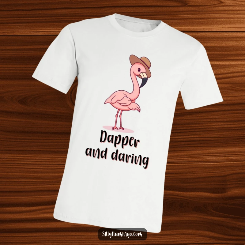 Funny flamingo t-shirt showing a playful bird wearing a tiny hat as it dips its beak curiously.