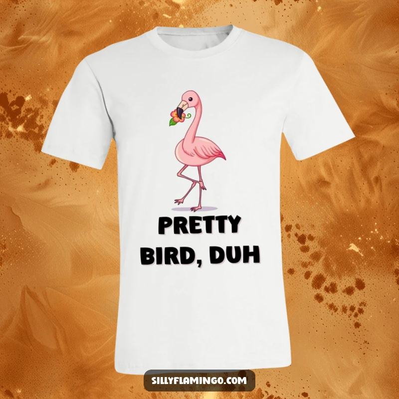 Funny flamingo t-shirt of a pink bird strutting proudly with a flower in its beak, showcasing a blend of fashion and playful humor.