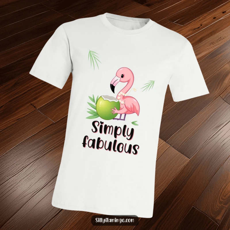 Funny t-shirt featuring a flamingo adorned with a pearl necklace, enjoying a sip from a coconut, exuding class and comedy.