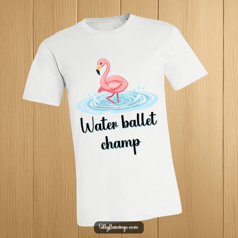 Funny flamingo t-shirt showing a happy bird splashing water, perfect for a beach or pool party, humorous and vibrant design.