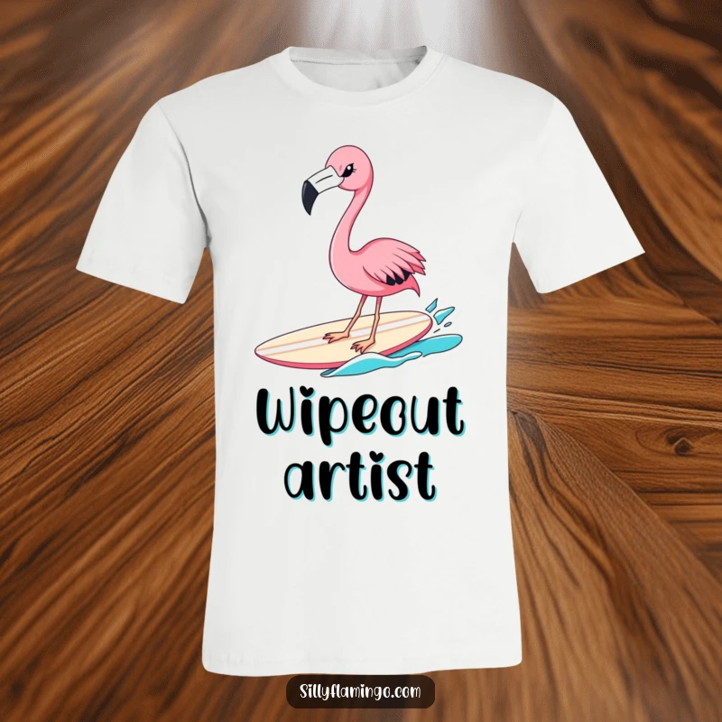 Funny flamingo t-shirt featuring a pink bird winking and surfing a surfboard with skill and a mischievous grin, embodying beach fun.