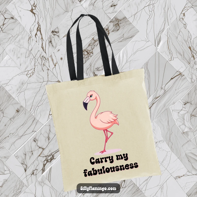 Funny Flamingo Tote Bag: A flamingo energetically dances with its beak jutting out in a funny pose.