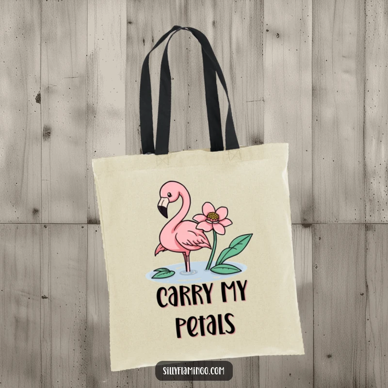 Funny flamingo delicately nudging a floating flower with its beak on a durable tote bag.