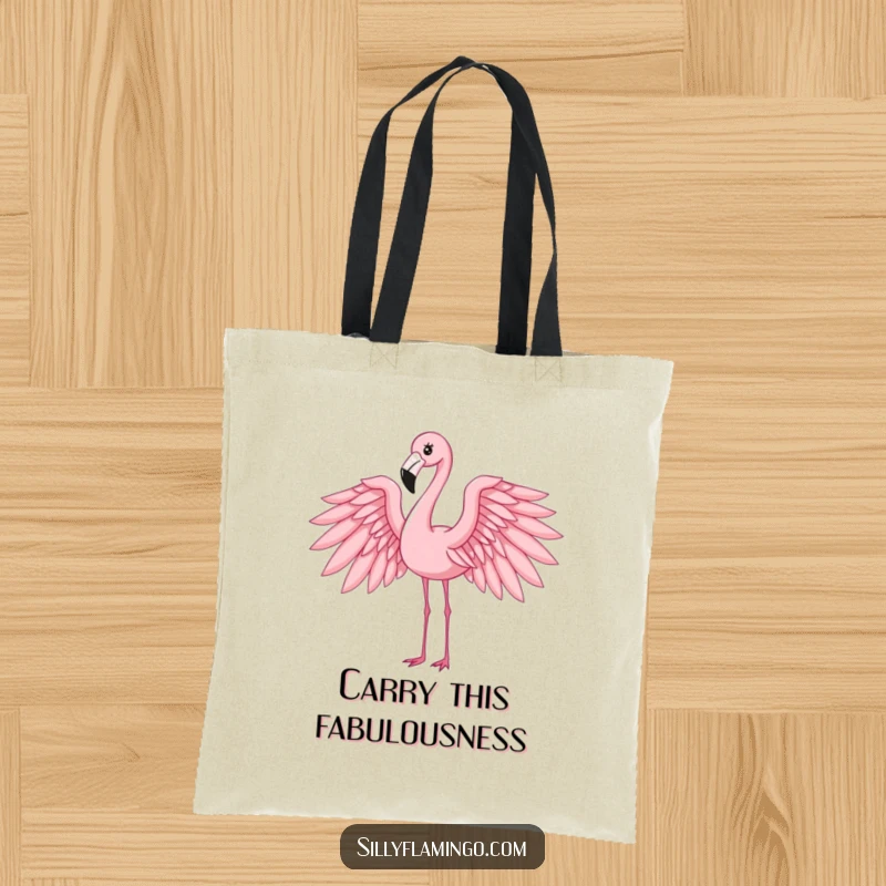 Funny flamingo tote bag featuring an elegant bird with wings gracefully outstretched, ideal for shopping or a day out.