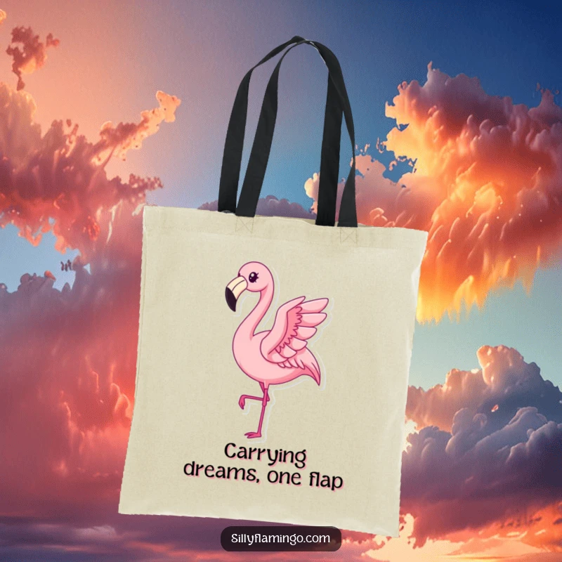 Funny Kawaii Flamingo Tote Bag capturing a happy bird’s subtle flap, embodying a cheerful and amusing aesthetic.