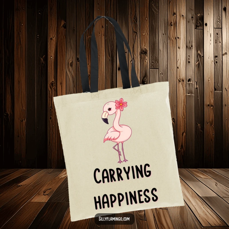 Funny flamingo tote bag showcasing a happy bird with a flower, a charming and humorous accessory.