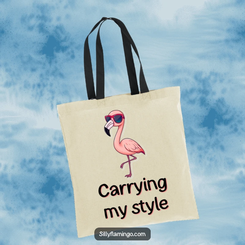 Funny pink flamingo tote bag, wearing tiny sunglasses and striking a chic pose, embodying cool style, an ideal funny gift.