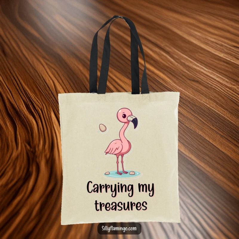 Funny flamingo tote bag, tossing a shiny pebble with its beak, a whimsical and practical accessory for carrying daily items with a smile, a great gift.