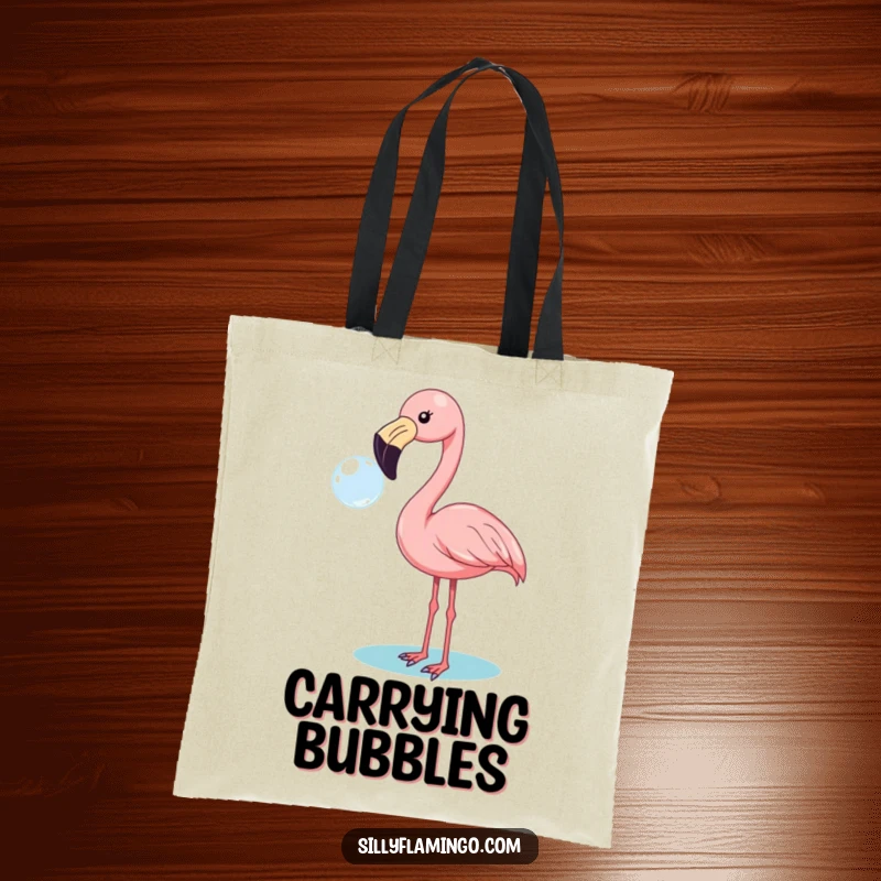 Funny flamingo tote bag with a cheerful bird artistically blowing a bubble, perfect for shopping and daily errands.