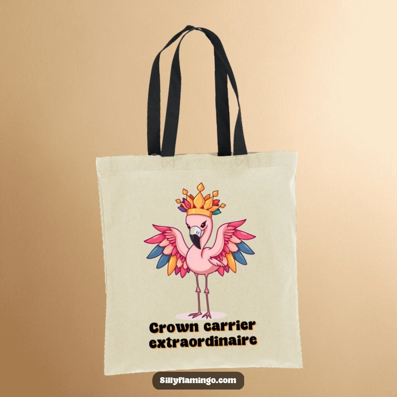 Funny Flamingo Tote Bag: Determined bird hilariously displays a colorful feather crown, showing off its comedic ambition.