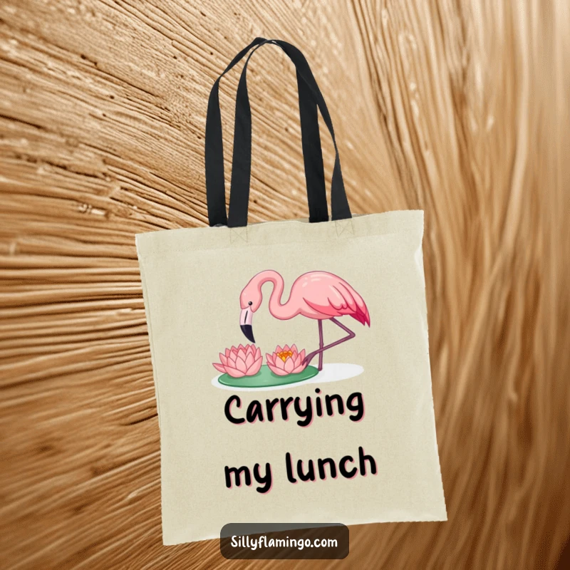 Funny flamingo happily pecking a water lily, on a charming and humorous tote bag for carrying essentials