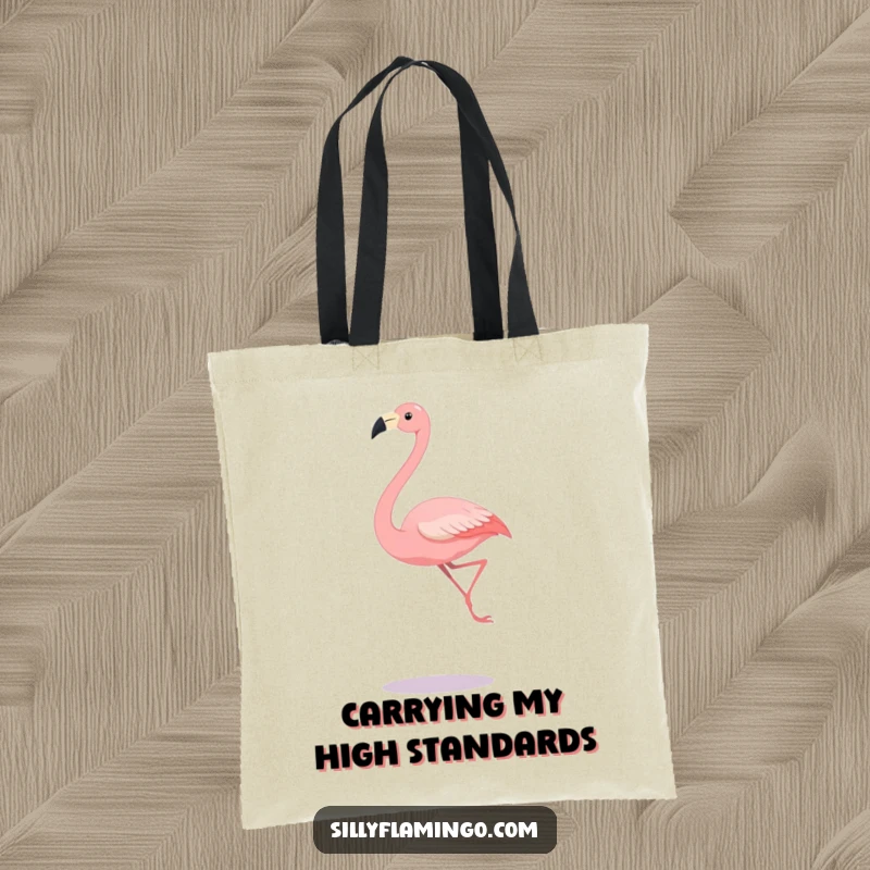 Funny tote bag featuring a long-legged flamingo in a stylish, leaping motion, perfect for stylish, humorous carrying.