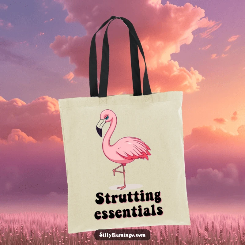 Funny flamingo tote bag depicting a sassy bird strutting with confidence, perfect for shopping or daily errands.