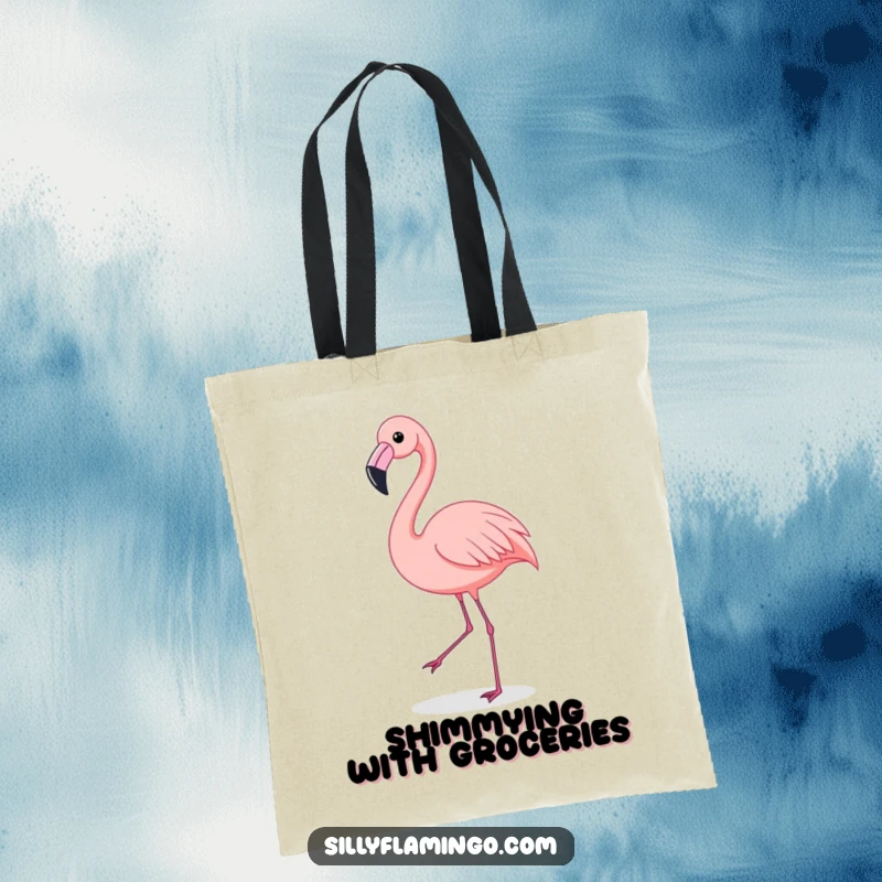 Funny Flamingo Tote Bag: A flamingo joyfully performs a shimmy dance, ready to carry your essentials with flair. A humorous and practical accessory.