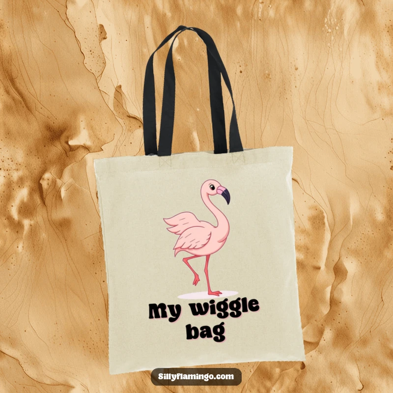Funny tote bag featuring a joyful flamingo doing a silly wiggle dance with its feathers spread wide, practical and cheerful.
