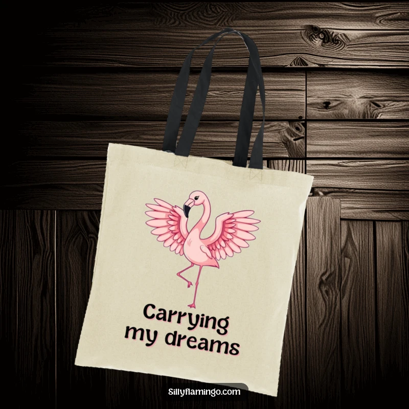 Funny flamingo with elegant, outstretched wings in motion, depicted on a chic and humorous tote bag
