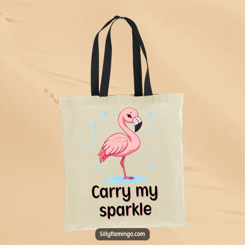 Funny flamingo with a cheerful wink, surrounded by sparkling water drops on a durable tote bag.