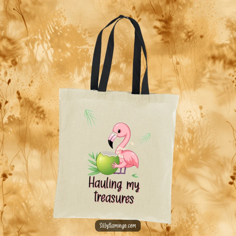 Funny tote bag featuring a flamingo with a pearl necklace sipping from a coconut, a chic and humorous accessory.
